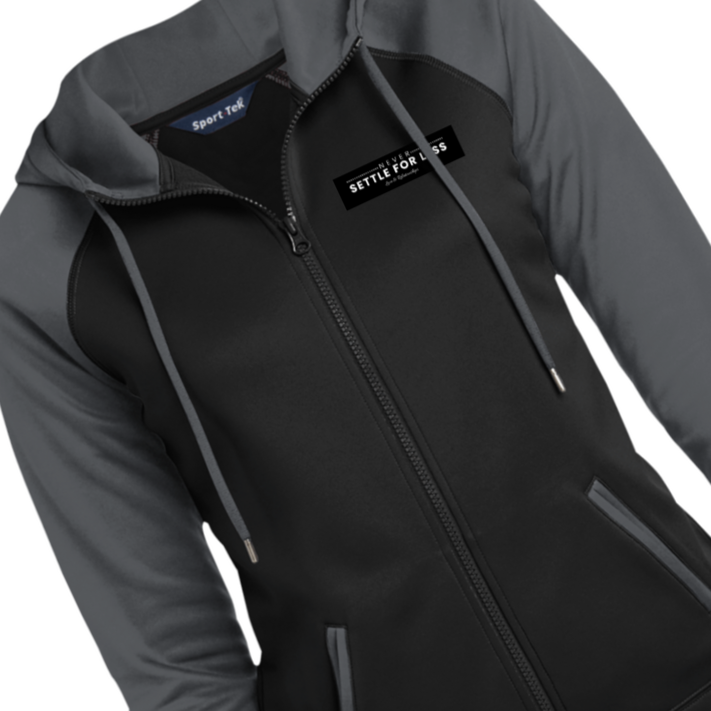 Never Settle For Less Black Full-Zip Hooded Jacket