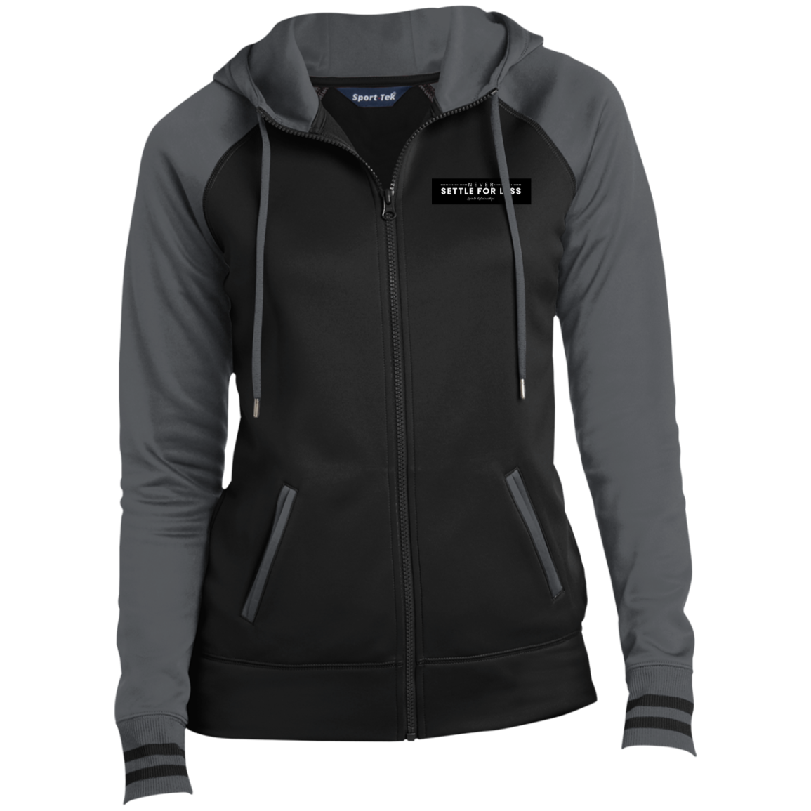 Never Settle For Less Black Full-Zip Hooded Jacket